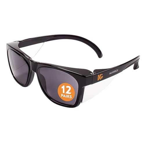 KleenGuard V30 Maverick Safety Glasses (49311) with KleenVision Anti-Fog Coating Smoke Lenses Black Frame Unisex Sunglasses for Men and Women (Qty 12)