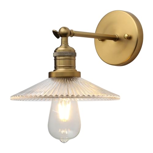 Image of Industrial Vintage Wall Sconce 1-Light with Funnel Ribbed Clear Glass Shade, Indoor Wall Mounted Lamp Fixture for Living Room Bedroom Bathroom Over Kitchen Sink