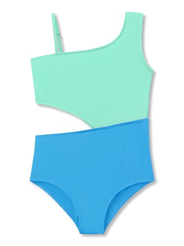 Image of Dvenki Big Girls Asymmetric Cutout Swimsuit Adjustable Straps Sizes 6X-16 | color block, leopard, tropical prints, front lined swimwear, removable pads, suitable for beach, vacation, pool play
