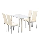 Mecor 5-Piece Dining Table Set, Glasstop Kitchen Dinner Table Set with 4 Leather Chairs for Dinette Small Space(White)