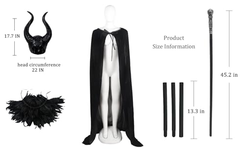 UQJE Black Gothic Witch Costume Raven Costume Halloween Feather Shawl Mesh Cape with Horns Set2