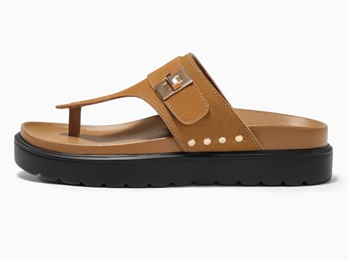 Coutgo Womens Platform Thong Sandals T-Strap Slip On Slides Summer Flats Beach Flip Flops, Brown, Size 7.5 — view 4