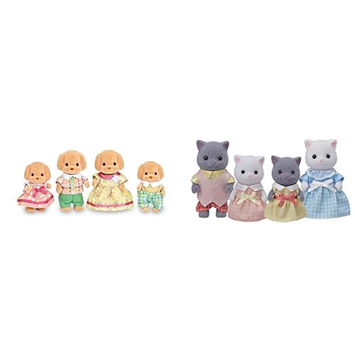 Calico Critters Toy Poodle Family (3 inches) & Persian Cat Family Bundle - 8 Collectible Doll Figures
