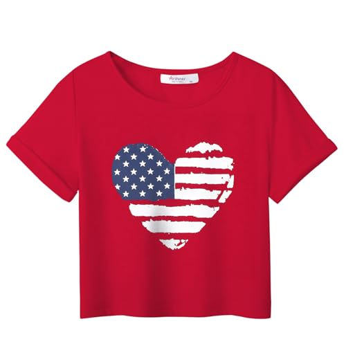 Image of Arshiner Girls July 4th American Flag T Shirts Crop Top Short Sleeve Shirt Tee