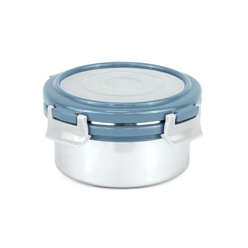 Image of Signoraware Lock N Store Stainless Steel Round Container With Steel Lid | Airtight & Leakproof | Compact & Durable | Ideal for Snacks, Office, School & Travel Use (450ml | EBlue)