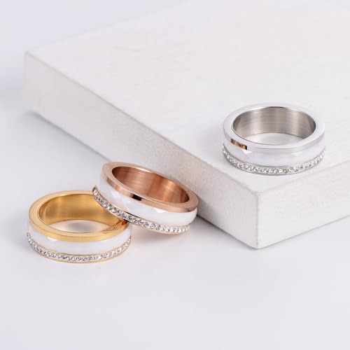 PAMTIER Unisex Ceramic Stainless Steel Personality Classic Simple Rhombic Cut Rhinestones Crystal Inlay Couple Ring Matching Set Wedding Band3