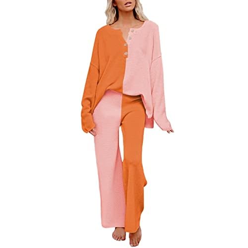 Pink Queen Women's 2 Piece Outfit Set Long Sleeve Button Pullover Sweater Top and Wide Leg Pants Knit Sweatsuit Pink and Orange Large