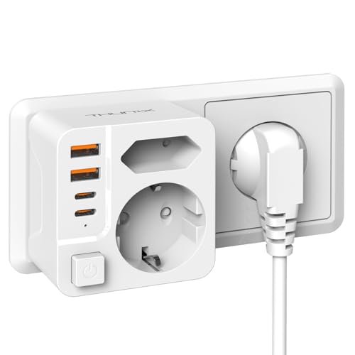 Enchufe Doble con USB C, THUNIX 6 en 1 Ladron Enchufes 4000W Enchufes Múltiples Pared con 2 USB C PD20W y 2 USB A con Interruptor para Hogar Oficina Viajes,Blanco