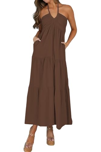 Image of Women's Casual Halter Tiered Vacation Maxi Dress with Pockets