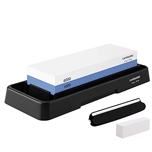 Comparison: Best Angle For Sharpening Kitchen Knives 7 Knife Sharpening Stone Set,Whetstone Dual Sided 1000/6000 Grit Waterstone with Angle Guide Non Slip Rubber Base Holder, Knife Sharpeners Tool Kit for Kitchen Hunting (Blue + black)