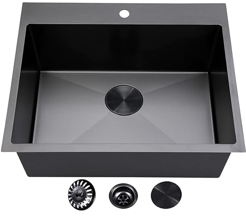 VCCUCINE 25 Inch Black Drop in Kitchen Sink,25x22 Inch Gunmetal Black Single Bowl Stainless Steel Basin Topmount Kitchen Sink,16 Gauge Metal Laundry Sink Black Small Kitchen Sink
