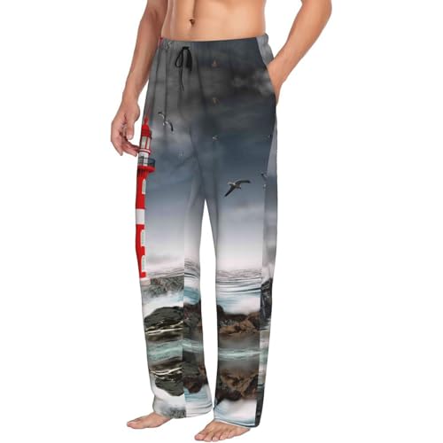 VOSERY 3d Lighthouse in the Surf Mens Pajama Pants, Soft Sleep Pj Pants for Men, Mens Lounge Pajama Bottoms with Pockets2