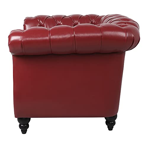 Image of LEVNARY Leather Upholstered Armchair, Mid-Century Modern Single Sofa Chair with Rolled Arms and Nailhead, Tufted Pu Leather Chesterfield Chair for Home Bedroom Reading Room (Wine Red)