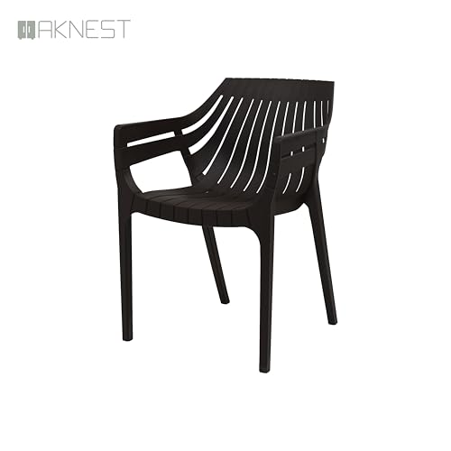 Image of OAKNEST Supreme Spectrum Plastic Arm Chair - Modern Slatted Stackable Chair for Living Room, Dining, Garden, Balcony, Restaurant & Cafe | Weatherproof Indoor Outdoor Designer Chair, Set of 4, Wenge