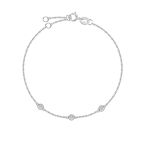 Carleen Bracciale in Oro Bianco Massiccio 18 Carati incastonato rotondo con Diamanti Naturali 0,045 ct, delicato e minimalista, per donne e ragazze – Lunghezza della catena: 18 + 4 cm