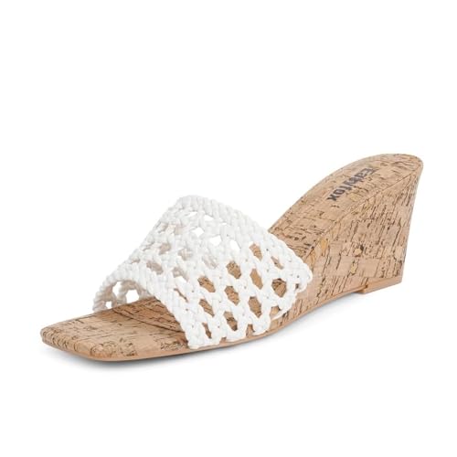 Easyfox Wedge Sandals for Women Open Toe Wedge Heels Womens High Heel Sandal Square Toe Heeled Wedge Sandals Wood Grain Slip on Wedge Mules