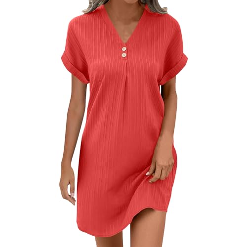 Women V Neck Short Sleeve Dress Casual Trendy Henley Neck Loose Summer Solid Lightweight Beach Vacation Mini Dress