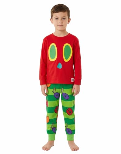 Eric Carle The Very Hungry Caterpillar Kids Red Long Sleeve Pyjama Set | Crew Neck Cartoon Nightwear | Boys Girls Long Leg PJs for Bedtime & Sleepover Merch - 12-18 Months