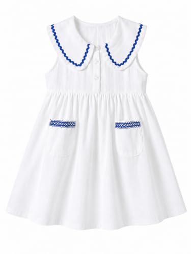 Image of HILEELANG Girls Cotton Dress Sleeveless Peter Pan Collar with Pockets