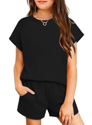 Arshiner Girls 2 Piece Outfits Fashion Summer Short Sleeve Top and Short Sets with Pockets Kids Clothes Black 9-10 Years