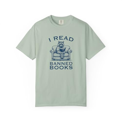 I Read Banned Books, Unisex Garment-Dyed T-Shirt, Funny Raccoon Retro Sitting Couch Sarcastic Bookworm Club Humor CE-241