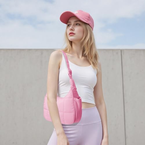 Image of Small Puffer Crescent Shoulder Bag for Women Lightweight Water-Resistant Nylon Purse with Adjustable Strap & Multiple Pockets