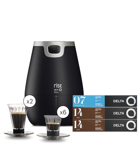 Delta Q - Cafetera de Cápsulas Rise - Negro - 19 Bares de Presión - Sistema de Extracción Inversa - 2 Tazas Grandes y 4 Pequeñas Compatibles - 20 Cápsulas Intensidad 14 y 10 Cápsulas Descafeinado
