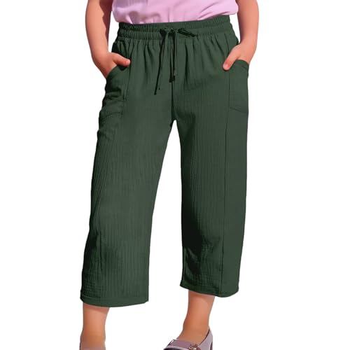 Kids Cotton Linen Cropped Sweatpants Baggy Wide Leg School Casual Pants with Pockets Toddler Girls Preppy Trousers