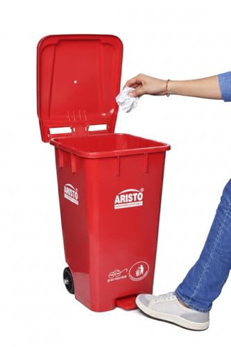 Image of ARISTO Plastic Wheel Pedal Garbage Waste Dustbin 65 LTR RED&RED Pack of 2