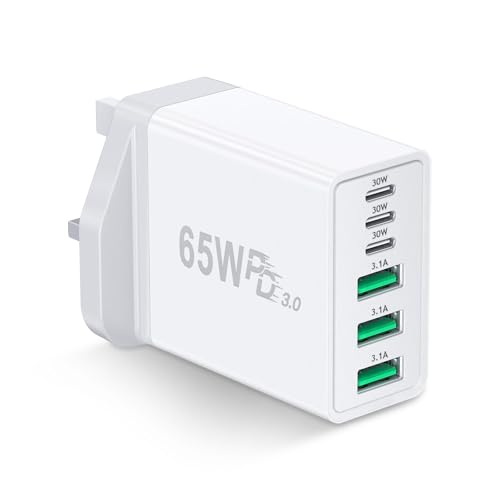 65W USB C Plug Multi Port Fast Charger UK Plug 3-Port USB A PD Power Adapter + 30W(MAX) 3 Port Type C Charging Plug for iPhone 16 15 14 13 12 11 Pro Max XS XR SE iPad AirPods