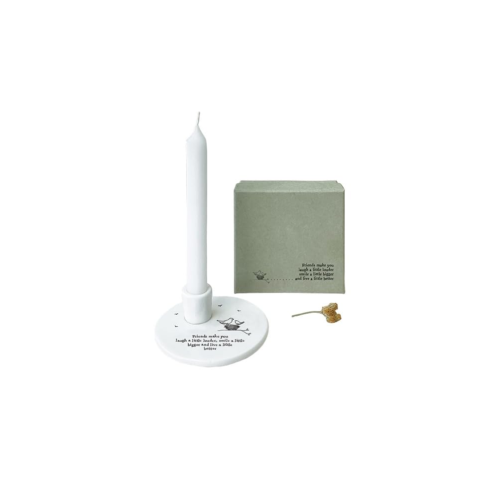 East Of India White Candle Holder & Candlestick Pillar Candle Porcelain Holder Friends Make You Laugh Design Country Farmhouse Style Home Decor Decoration