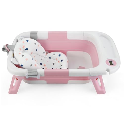 Image of PandaEar Baby Bathtub for Newborn Infant, Collapsible Baby Infant Bath Tub Toddler Travel Bathtub with Soft Cushion & Drain Hole for Toddler 0-24 Months (Pink)