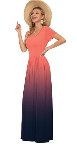 Image of AUSELILY Women's Summer Short Sleeve Loose Plain Casual Long Maxi Dresses | Year Round wear solid floral print, Casual wear, Empire waist, Floor length, Side pockets