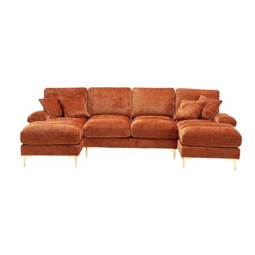 Sofá Seccional Modular en U Moderno Grande de Chenilla - Reclinable Doble con Sofá Cama y Almacenamiento, para Sala de Estar/Dormitorio/Apartamento, Extra Ancho, Naranja