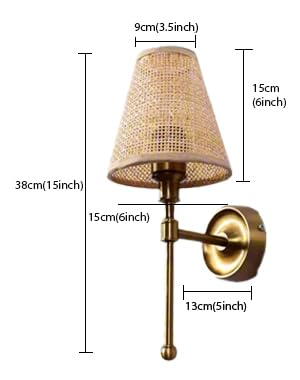 Image of AKWAY Antique Brass Finish Wall Lamps for Living Rooms with Bamboo Shade | Rattan and Cane Wall Light for Bedroom | Wicker Wall scones (Rattan Single Webbing Conical - Alletta)
