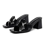 MGGMOKAY Sandalias Mujer con Tacón Alto Bloque,Punta Cuadrada,Zuecos de Verano Charol con Tiras Trenzadas,Chanclas elegantes para verano,Calzado cómodo para ciudad,Negro,37