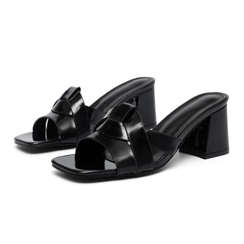 MGGMOKAY Sandales Femme à Haut Talon Bloc,Bout Carré,Mules d'Été Verni à Brides Tressées,Claquettes élégantes pour l'été,Chaussures de ville...