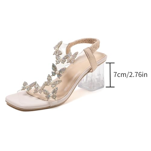 Lymphvity Women's Rhinestone Butterfly Clear Block Heel Sandals Open Toe Elastic Ankle Strap Chunky Heel Dress Shoes Square Toe Heels Party Wedding Sandal Shoes2