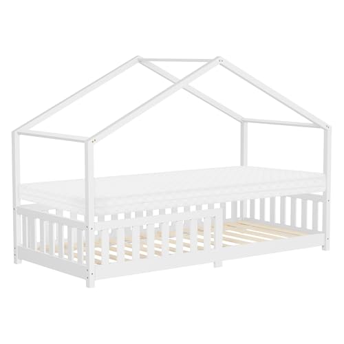 ML-Design Kinderbett Hausbett 90x200 cm Weiß mit Matratze, Holzbett mit Rausfallschutz, Lattenrost, Dach, Spielbett aus Kiefernholz für Kinder, Montessori Bodenbett Bettgestell Bettenhaus Juniorbett ML-Design Kinderbett Hausbett 90x200 cm Weiß mit Matratze, Holzbett mit Rausfallschutz, Lattenrost, Dach, Spielbett aus Kiefernholz für Kinder, Montessori Bodenbett Bettgestell Bettenhaus Juniorbett