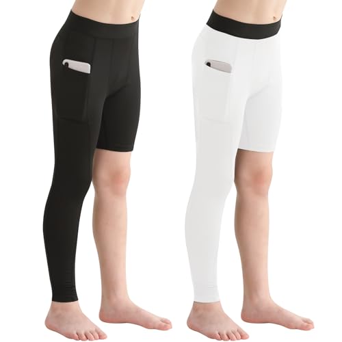 2 Pack Boys Youth One Leg 3/4 Compression Pants Tights for Basketball Running Capris Gym Athletic Base Layer Leggings