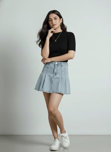 Image of Women Ribbed Knit Top | Solid Slim Fit Half Sleeve Top for Women | Stretchable Casual & Office Wear T-Shirt