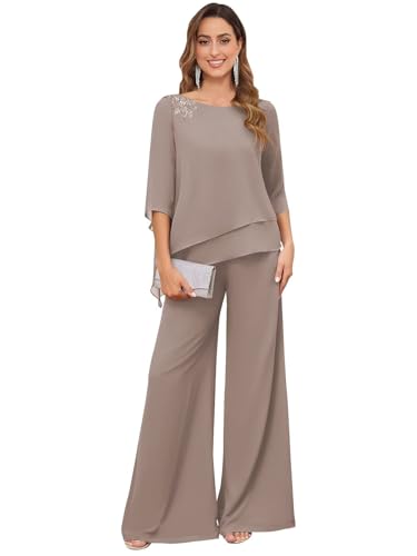 Trifetcrow Lace Appliques 2 Piece Mother of The Groom Pant Suits for Women Dressy Wedding Taupe Chiffon Sequins Formal Cocktail Pantsuits Size 16