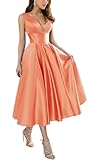 KURFACE Robe formelle en satin longueur thé pour femme, col en V profond, robe de demoiselle d'honneur pour femme, corail, 36