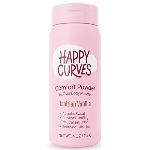 Image of HAPPY CURVES Comfort Powder: Talc Free Anti Chafe Body & Foot Dusting Powder Deodorant for Inner Thigh Chafing, Private Areas, and All Over Body for Women 4oz (Pack of 1), Tahitian Vanilla