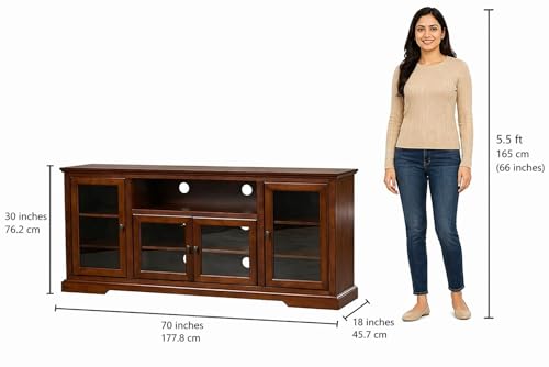 Image of Sheesham Solid Wood TV Cabinet for Living Room | Handcrafted Wooden TV Unit with Storage | Elegant Entertainment Stand for Modern Homes (Glass Tv Cabinet, Teak)
