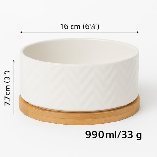 Hundenapf Keramik – hundenapf Keramik groß – 990ml – mit bambushalter – rund weiß – Flamingo Hundenapf Bianco weiB