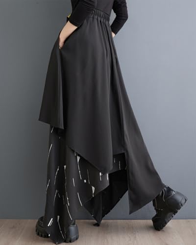 ellazhu Women's Baggy Irregular Patchwork Elastic Waist Ankle Maxi Skirt GZ73 A2