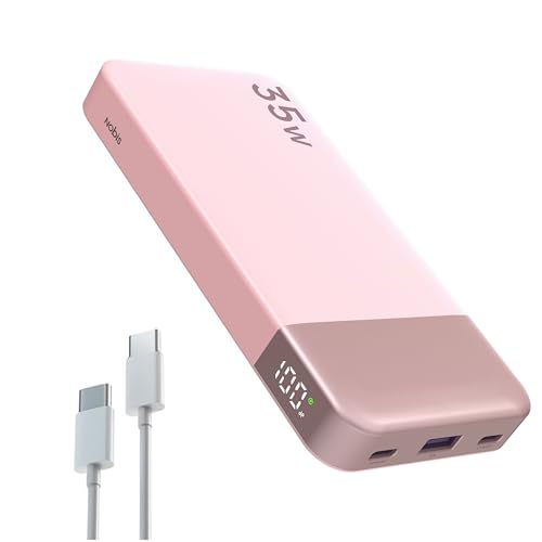 Cargador portátil NOBIS, Power Bank de 10000mAh con Carga rápida, Banco de batería con Cable C a C, Banco de batería con Pantalla Digital para Phone, Pad, Android, etc. (Rosa, 35W)