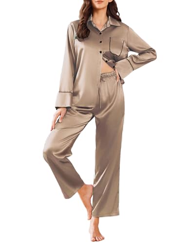 Ekouaer Silk Pajamas for Women Satin Pajama Sets Button Down Lounge Sets Silky Pajama Long Pants Sleepwear with Pockets Khaki