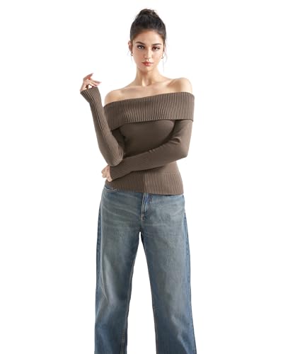 Image of SUUKSESS Women Off Shoulder Sweaters Long Sleeve Ribbed Knit Going Out Fall Tops Blouse